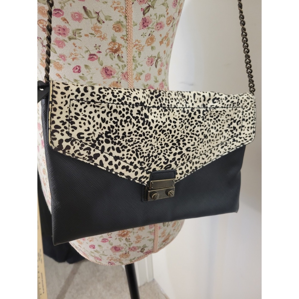 J.Crew Animal Print Calf Hair Faux Leather Chain Clutch Shoulder Bag Black Small